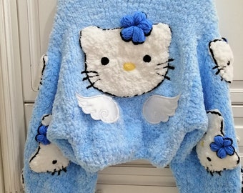 Handmade Blue Angel Kitty Cardigan: Kawaii Y2K Fluffy Knit
