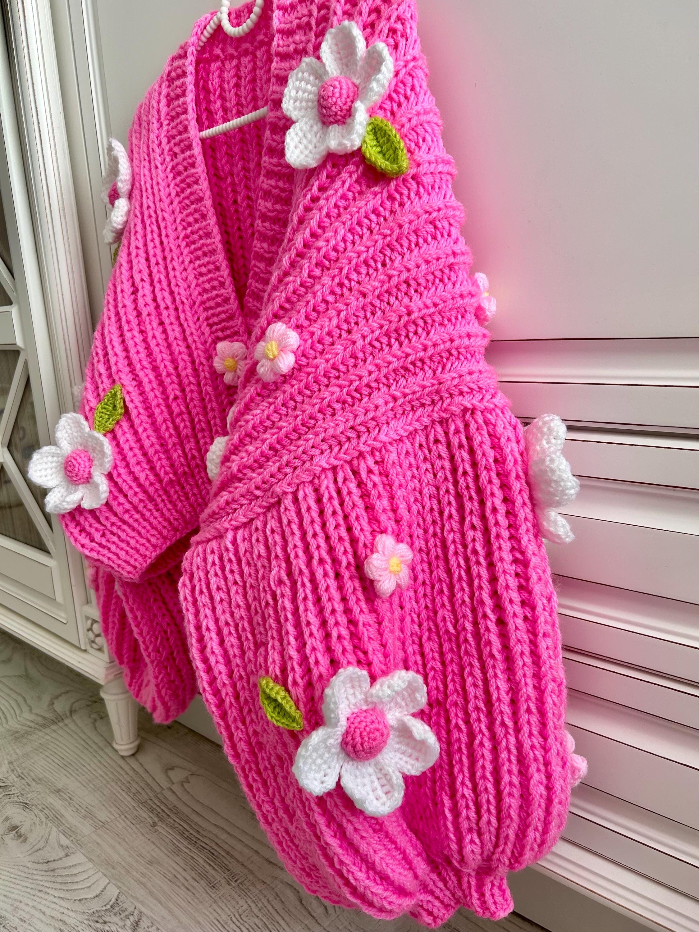 Handmade Pink Daisy Knit Cardigan: Balloon Sleeve Y2k Gift - Etsy