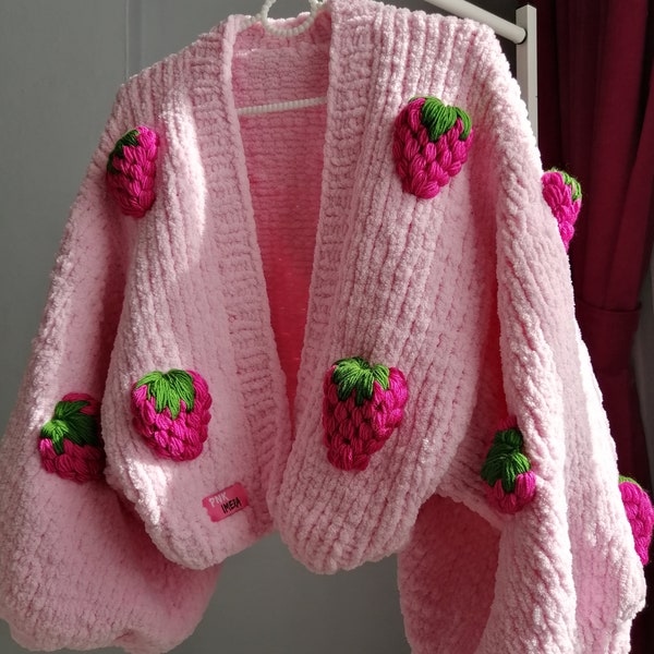 pnkimera, Pink Strawberry cardigan, Strawberry embroidered Chunky sweater, trendy sweater gift for woman,Handknitted jumper, stylish clothes