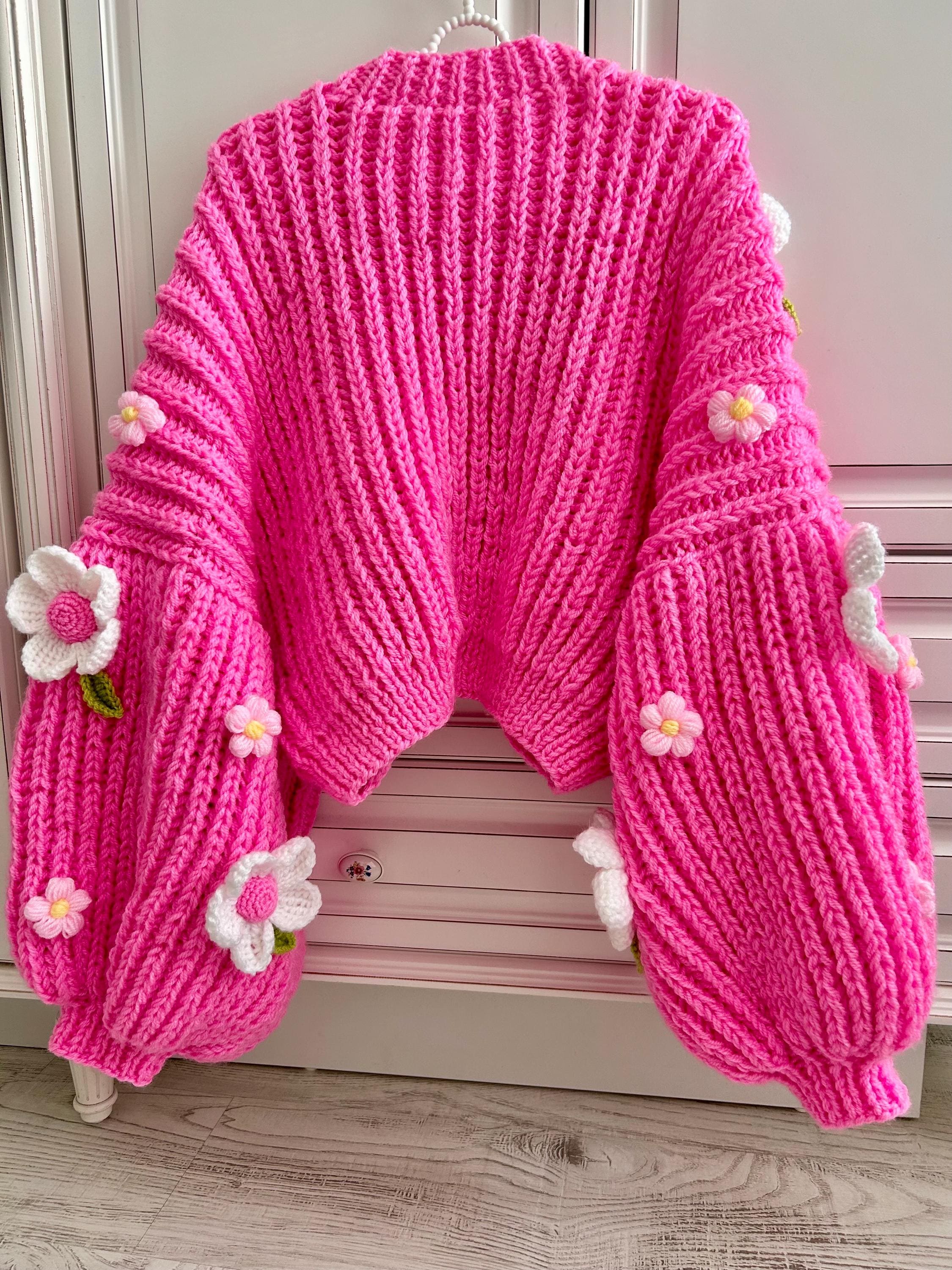 Handmade Pink Daisy Knit Cardigan: Balloon Sleeve Y2k Gift - Etsy