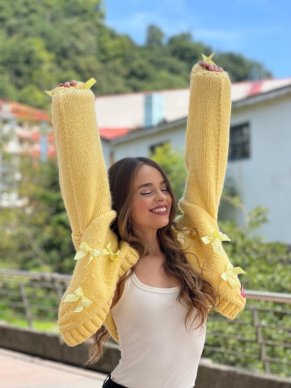 Yellow Bow Cardigan – Handmade Soft Knit With Ribbon Details