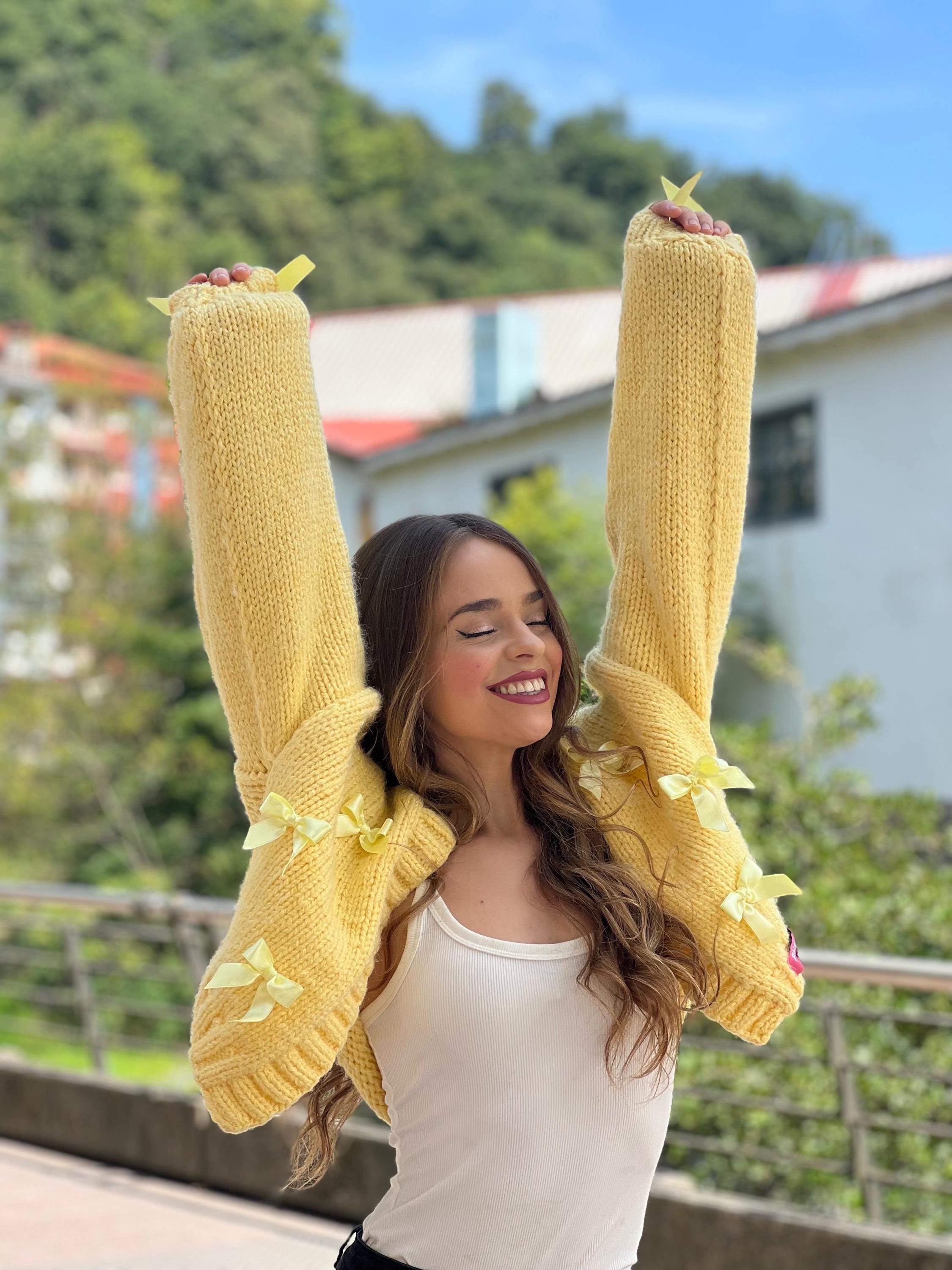 1点モノ★ヴィンテージリボンヤーンニット★黄色イエロートップスヨーロッパ イエローモヘアニットカーディガン、1930年代のリボンボウ