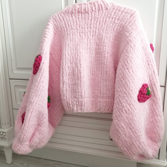 Pnkimera, Pink Strawberry Cardigan, Strawberry Embroidered Pnkimera, Pink Strawberry Cardigan, Strawberry Embroidered