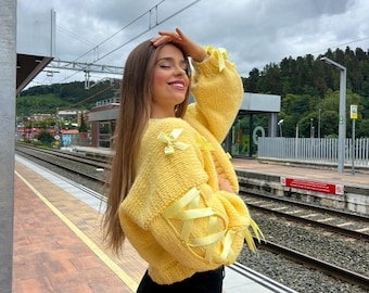 Yellow Mohair Knit Cardigan, 1930s Ribbon Bow, Handmade Vintage Gift
