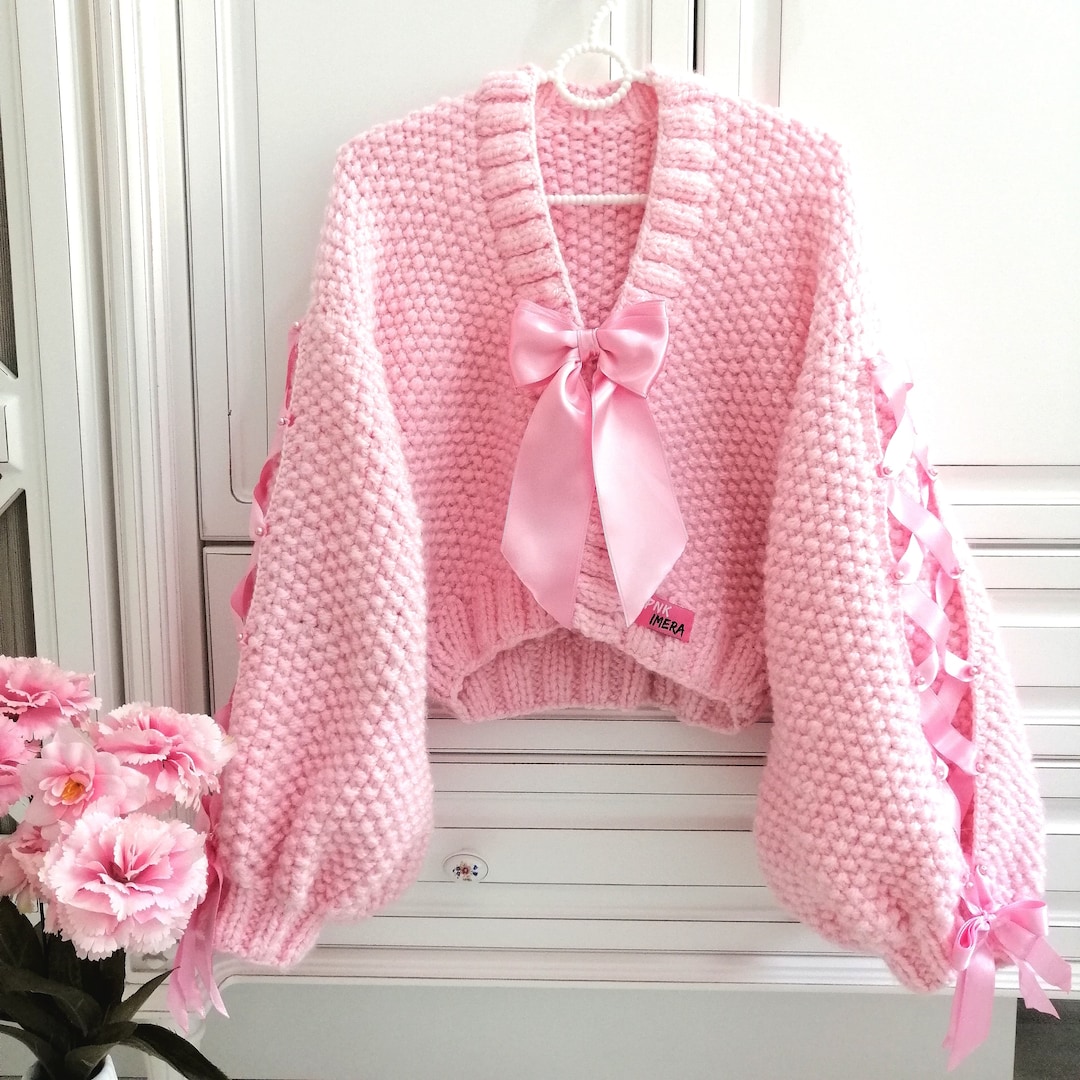 Pink Bow Cardigan With Ribbon & Pearls, Coquette Aesthetic Chunky