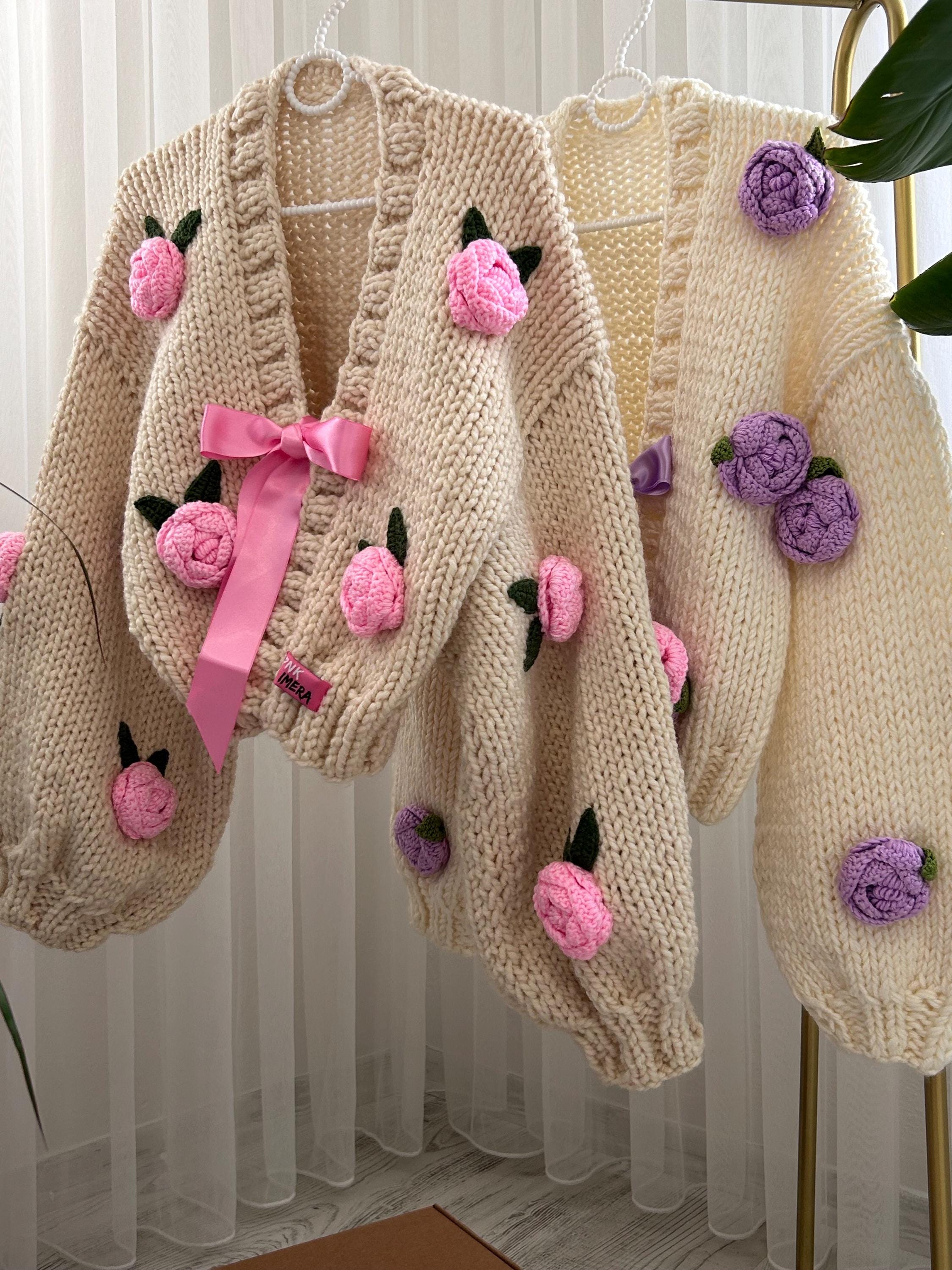 Pnkimera Pink Roses Cardigan Chunky Cropped Cardigan for