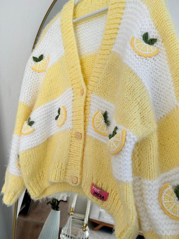 Pnkimera Hand‑knitted Lemon Cardigan | Yellow & White Striped