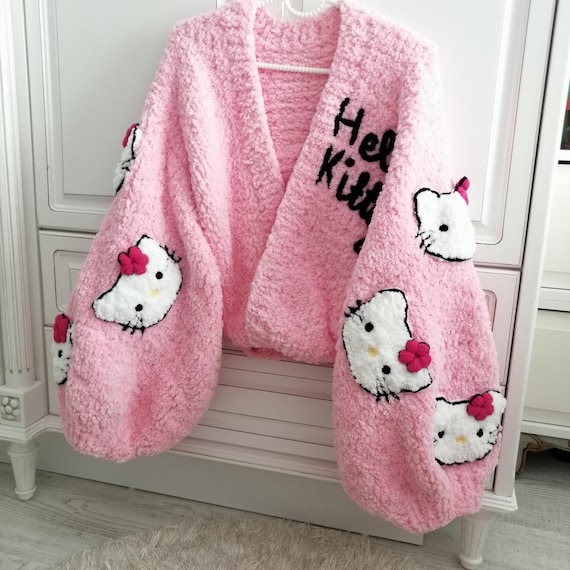 Kawaii Pink Fuzzy Cardigan, Cute Cartoon Cat Plush Sweater, Hand Knitted Chunky Jacket, Coquette Aesthetic Clothes, Soft Girl Gift for Her