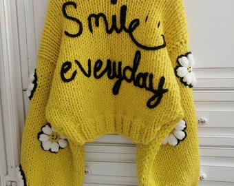 pnkimera Chunky Knit Yellow Cardigan with Daisies | Handmade Oversized Sweater | Embroidered Smile Everyday Gift for Her