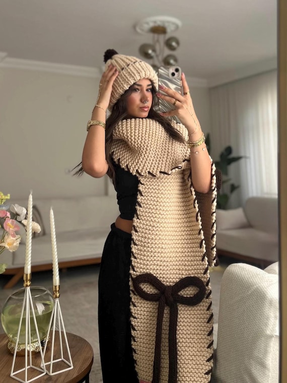 Handcrafted Beige and Brown Knit Scarf and Hat Set Beige Scarf and Hat Set for Women Wool Beanie Hat Beige  main image 2