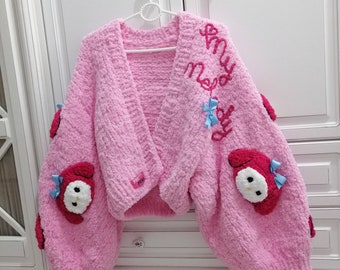 Handmade Kawaii Knit Cardigan – Pink Cartoon Appliqué Sweater
