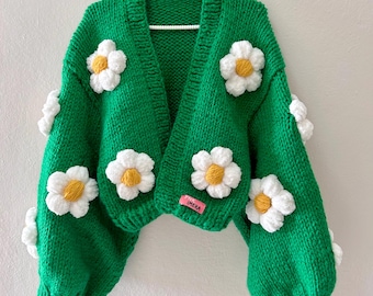 Handmade Green Merino Wool Cardigan: Chunky Knit Floral Jacket