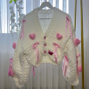 pnkimera Handmade Love Cardigan, Thick Heart Knitting, Valentine&#39;s Day Pink Bow Cardigan, Cozy Romantic Sweater