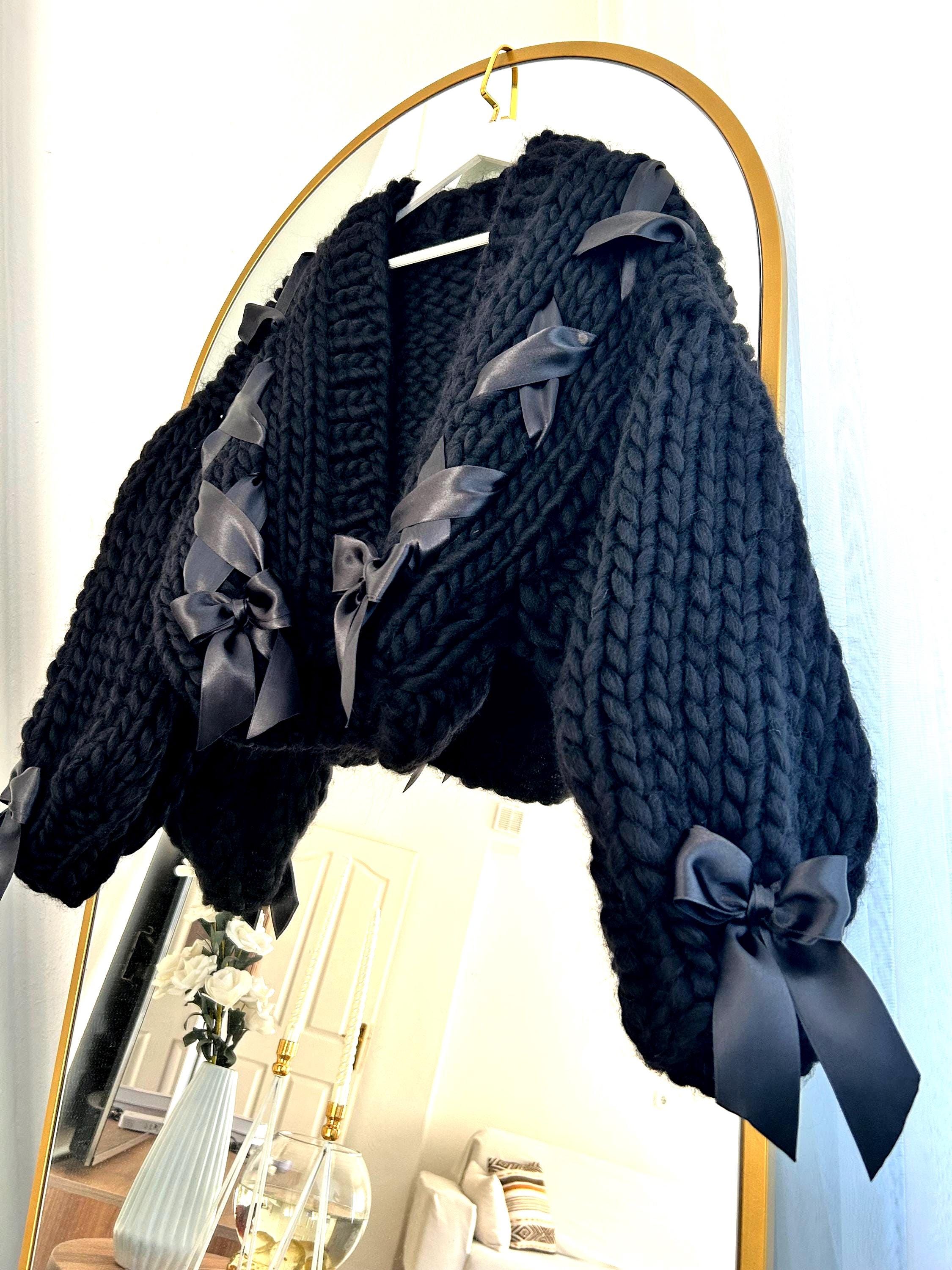 Black Merino Wool Knit Cardigan With Ribbon Ties - Etsy