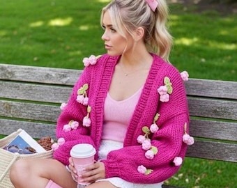 Cárdigan rosa / Suéter de punto floral 3D hecho a mano / Prendas de punto Coquette para mujer