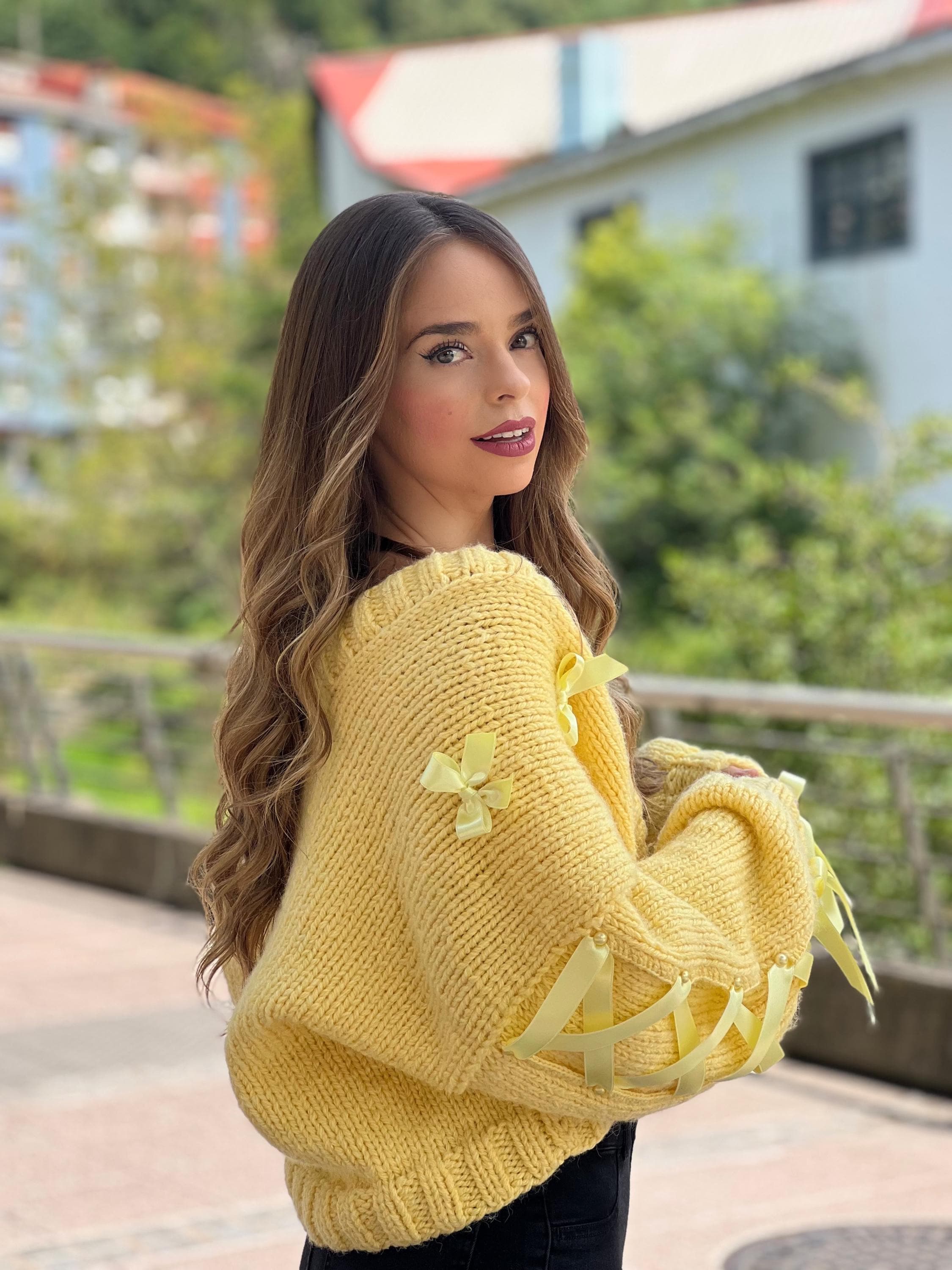 1点モノ☆ヴィンテージリボンヤーンニット☆黄色イエロートップス