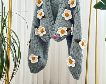 3D Daisy Knit Cardigan: Chunky Floral Wool Jacket - Etsy