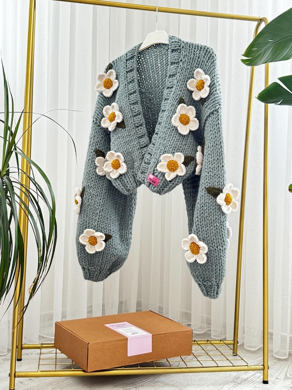 Pnkimera 3D Daisy Cardigan, Daisy Knit Jacket, Pink Daisy Pnkimera 3D Daisy Cardigan, Daisy Knit Jacket, Pink Daisy