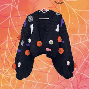 pnkimera Pumpkin Halloween Knit Cardigan,Handmade Ghost Cardigan, Handknitted Halloween Sweater, Gift Ideas for Halloween, Halloween Chunky