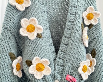 3D Daisy Knit Cardigan: Chunky Floral Wool Jacket - Etsy