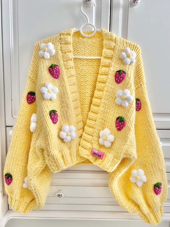 Yellow Knit Cardigan: Strawberry & Daisy Cropped Sweater - Etsy