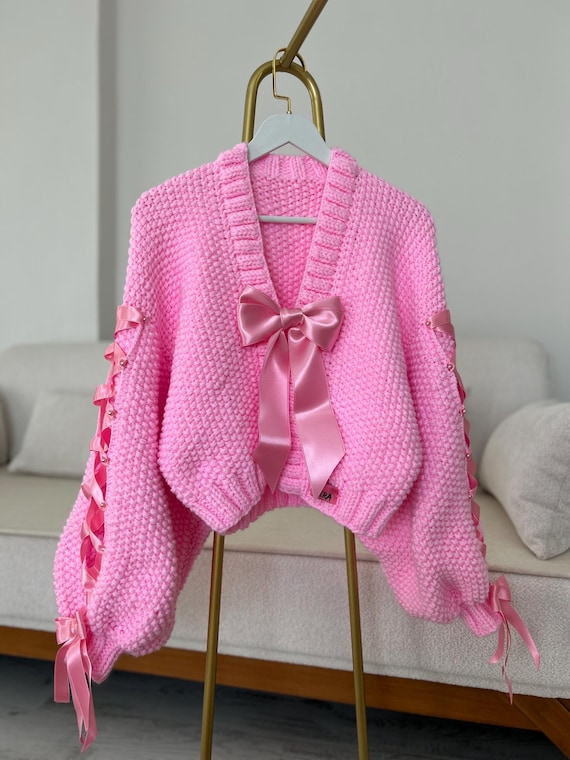 Pnkimera, Ribbon Cardigan,bow Cardigan, Wool Cardigan With Pearls