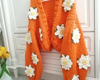 Pnkimera, Exotic Lotus Blossom, Chunky Knit Cardigan, flauschige Strickjacke, flauschige 3D-Strickjacke, einzigartiger, mehrfarbiger Blumenpullover für Frauen