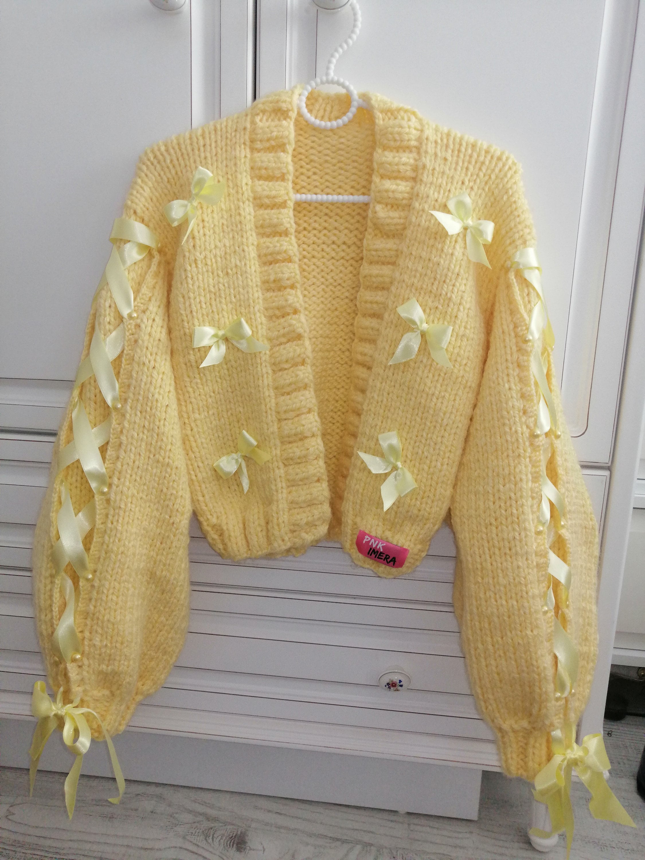 Pnkimera. Yellow Bow Cardigan, Soft Colors Cardigan, Hand Pnkimera. Yellow Bow Cardigan, Soft Colors Cardigan, Hand