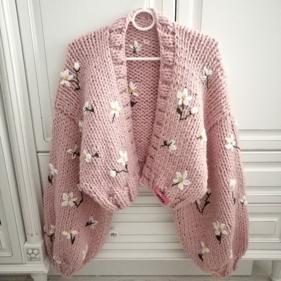 Pnkimera, Pink Floral Embroidered Cardigan, Elegant Hand