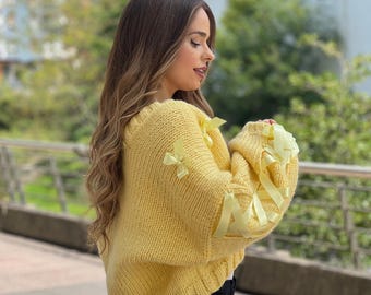 Yellow Mohair Knit Cardigan, 1930s Ribbon Bow, Handmade Vintage