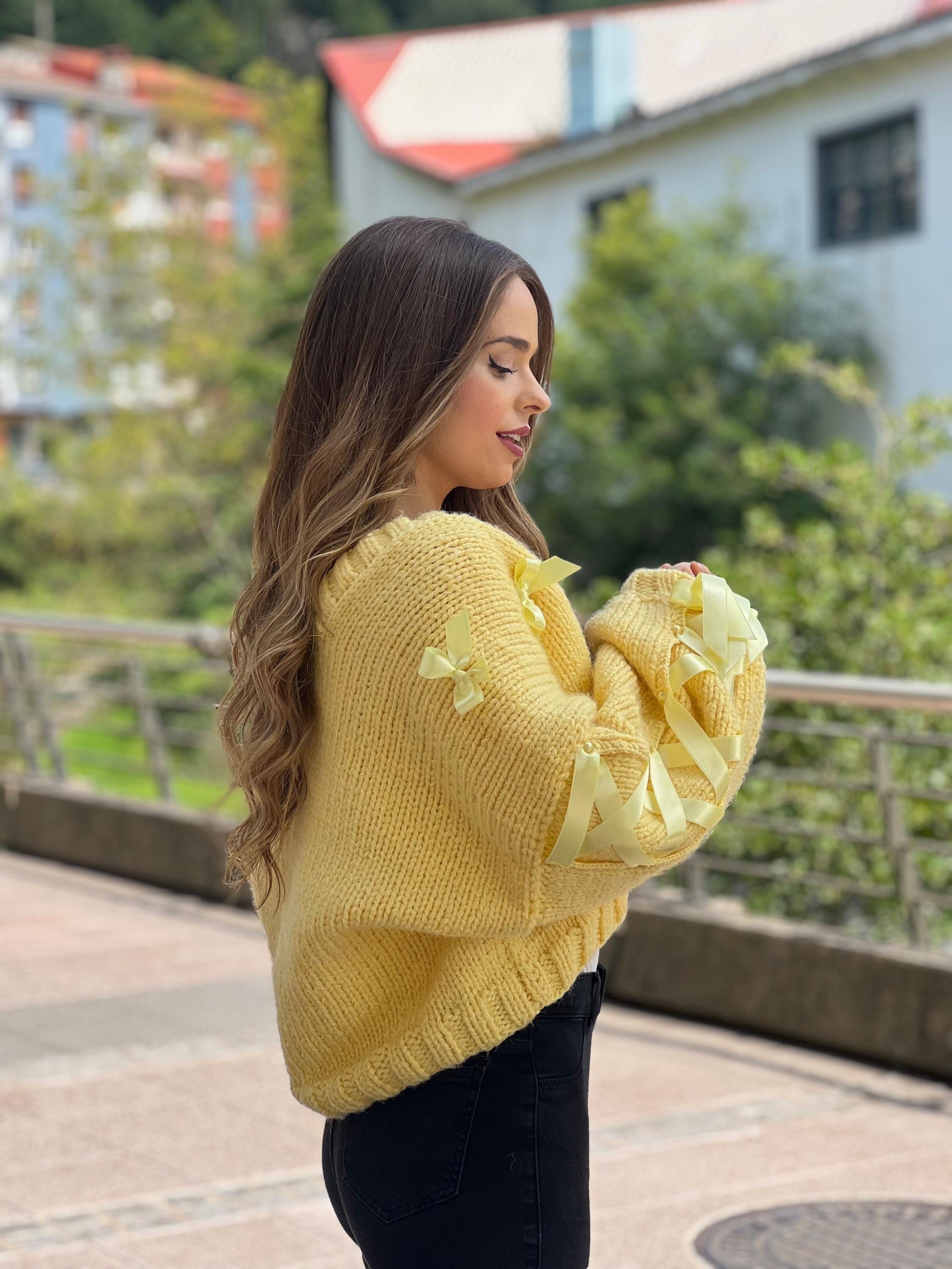 MOHAIR KNIT CARDIGAN（YELLOW） Mohair Cardigan, Hand Knitted Jacket, Fuzzy Coat Jumper, Yellow