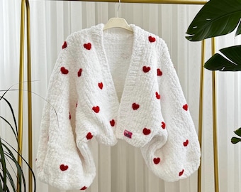Handmade White Heart Knit Cardigan – Red Heart Crochet Sweater