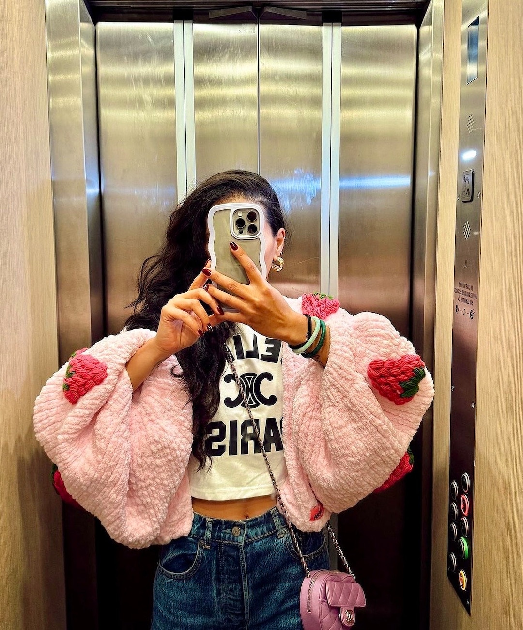 Pnkimera, Pink Strawberry Cardigan, Strawberry Embroidered Pnkimera, Pink Strawberry Cardigan, Strawberry Embroidered