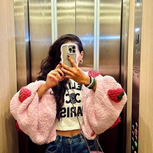 pnkimera, Pink Strawberry cardigan, Strawberry embroidered Chunky sweater, trendy sweater gift for woman,Handknitted jumper, stylish clothes
