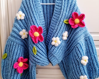 Pnkimera, Pink and white floral cardigan, Blue daisy knit cardigan,  Blue cardigan, Handmade, Balloon sleeve cardigan, Unique gift, Y2k