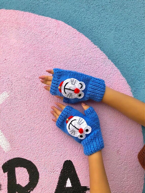 Hand Knitted Blue Fingerless Gloves: Kawaii Cartoon Mittens - Etsy