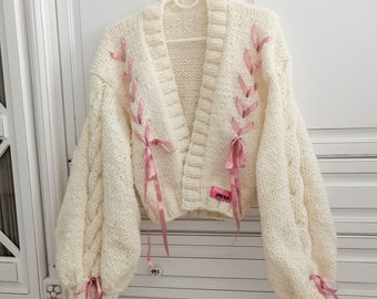 pnkimera Puff Sleeve Cardigan, Pink Ribbon, Handmade Women's Knitted Cardigan, Autumn Sweater, Oversize Sweater with Ribbon Bow Detail,