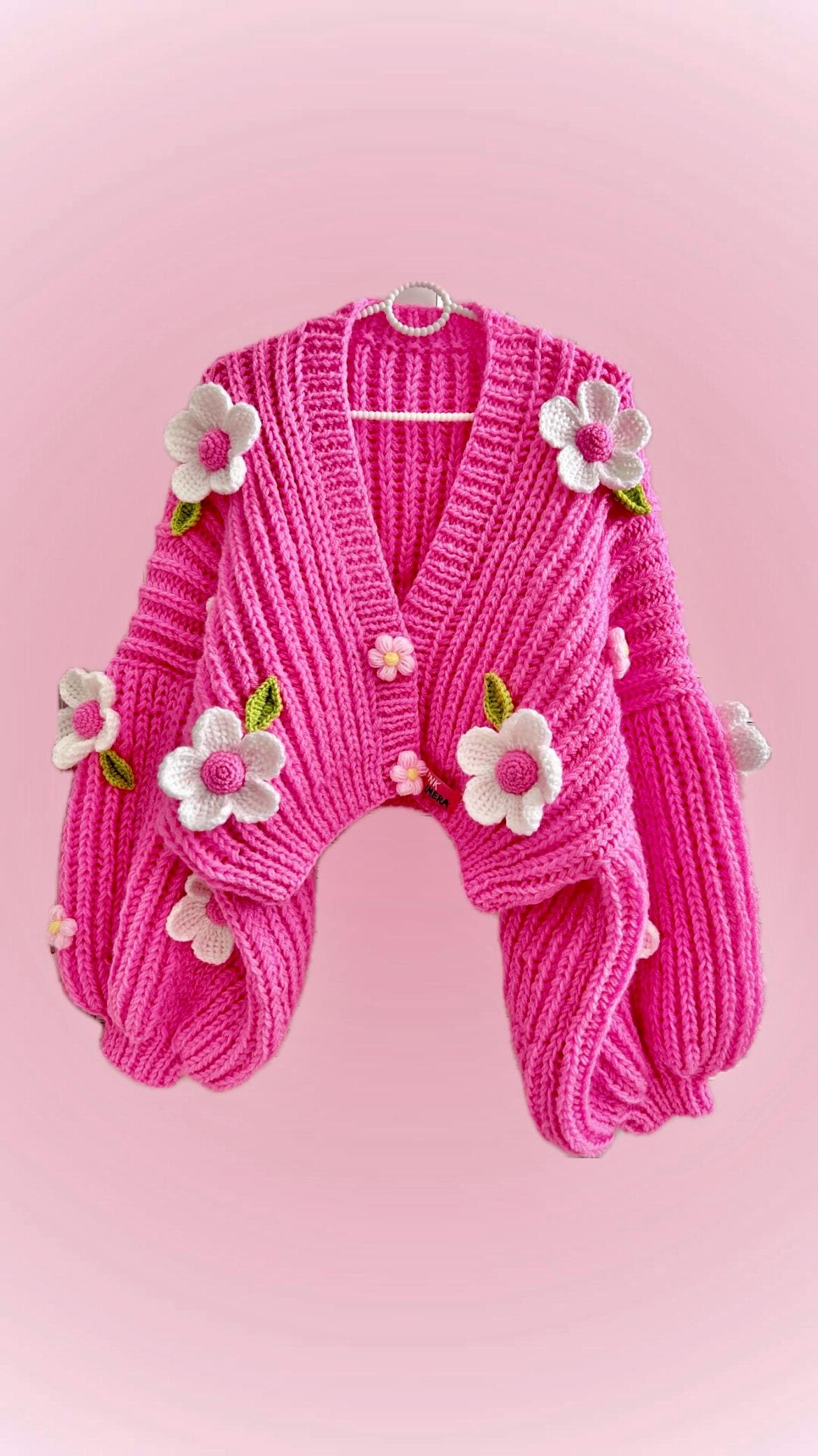Handmade Pink Daisy Knit Cardigan: Balloon Sleeve Y2k Gift - Etsy