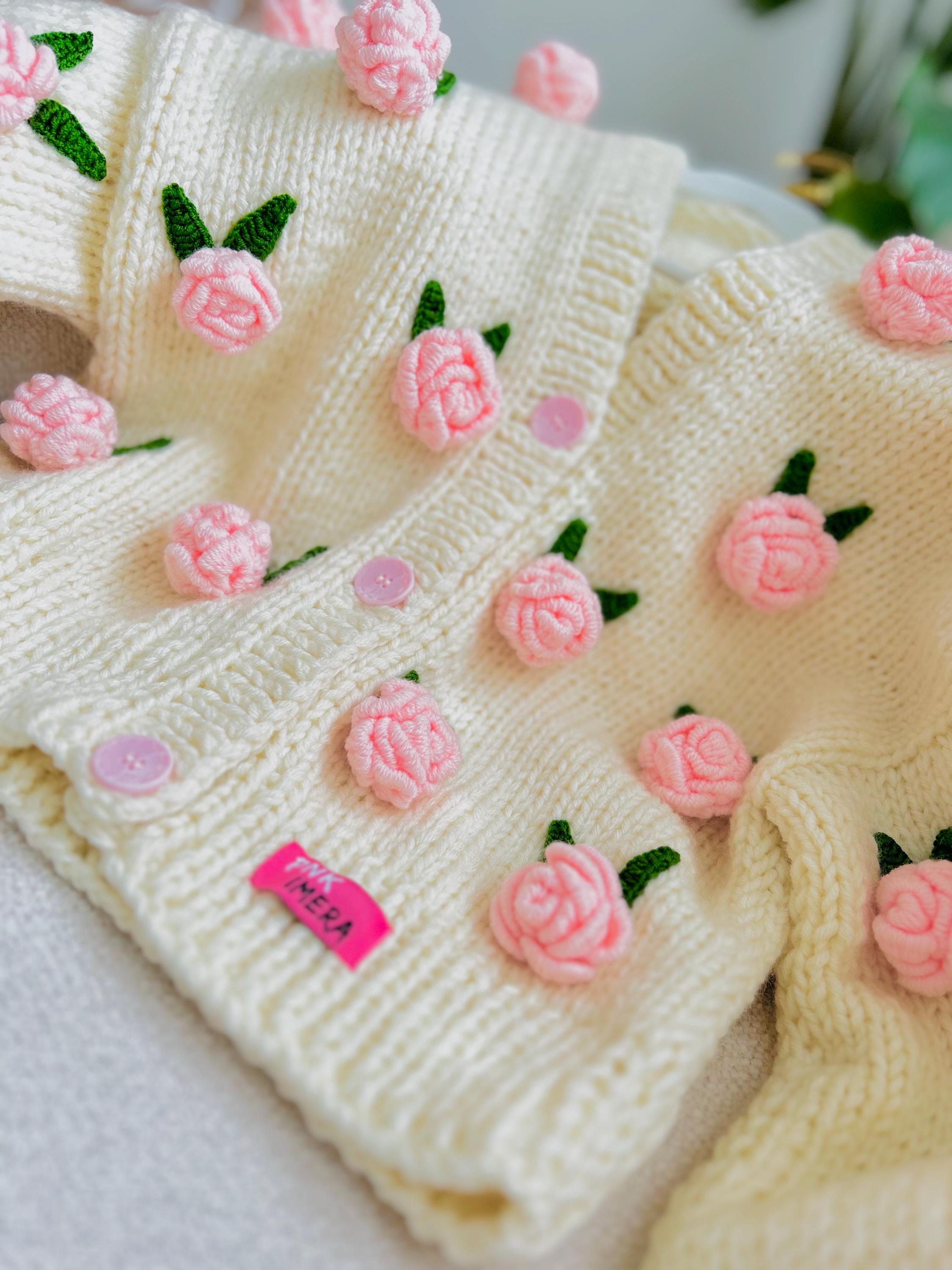 Pink Roses Cardigan, Handmade Chunky Cropped Knit Sweater, Floral