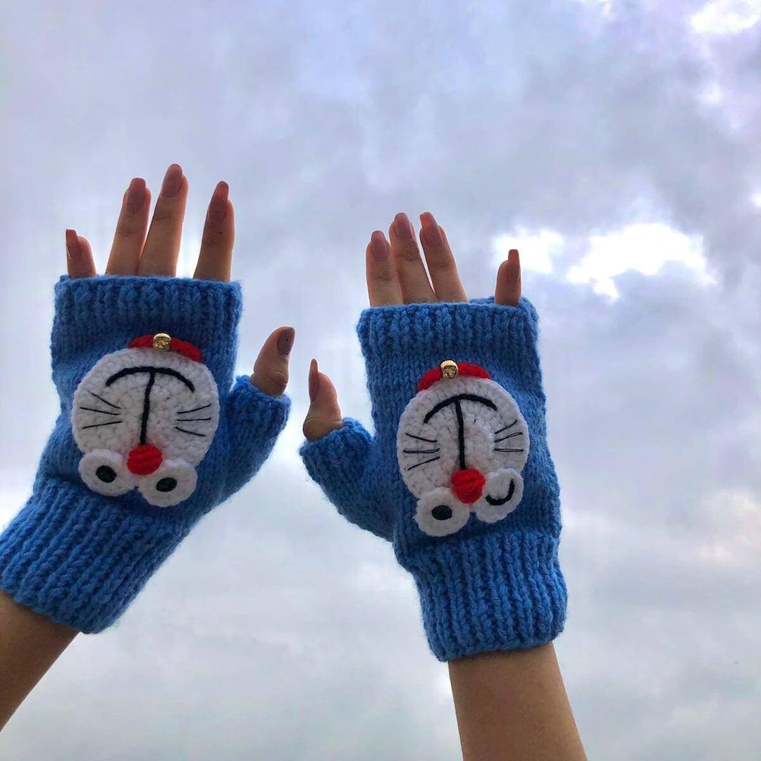 Hand Knitted Blue Fingerless Gloves: Kawaii Cartoon Mittens - Etsy