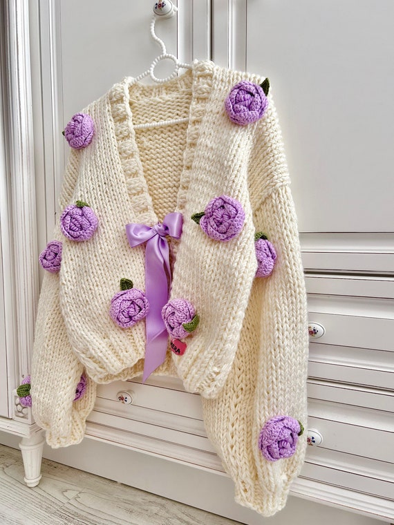 トップス Lilas Ribbon Knit Cardigan herlipto Handmade Rose Knit Cardigan, Oversized Chunky Wool Sweater, Thick