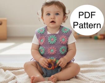 Granny Square Flower Crochet Baby Vest Pattern PDF, Toddler Digital Download, 1-2 Years