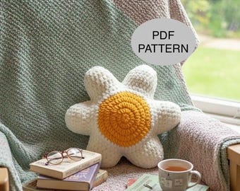 Häkelanleitung für ein Kissen mit Gänseblümchenmotiv, dickes Plüschkissen (PDF)