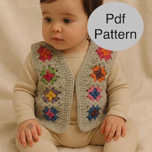May include: A baby wearing a light gray crochet vest with colorful floral squares. The vest is open in the front and has a simple design. The text "Pdf Pattern" is in a gray circle in the upper right corner.