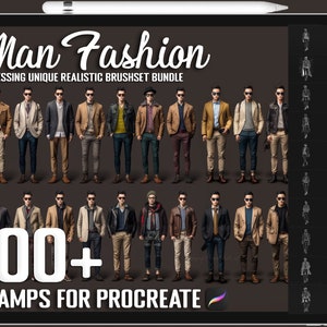 May include: A digital illustration set of 100+ stamps for Procreate featuring men in various clothing styles. The stamps are designed to be used for fashion illustration and design.