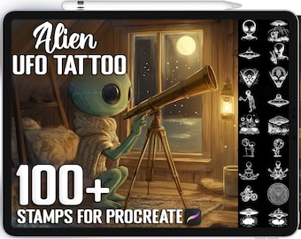 Más de 100 sellos de tatuajes de extraterrestres y ovnis para Procreate, pinceles para Procreate, descarga digital instantánea
