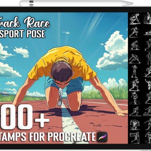 Puede incluir: Una ilustración digital de un corredor con una camiseta amarilla y pantalones cortos azules, con el texto "Track Race SPORT POSE" y "100+ STAMPS FOR PROCREATE" en una pista roja. La imagen también incluye una serie de ilustraciones en blanco y negro de corredores en varias poses.