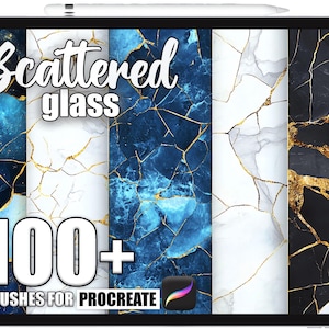 Peut inclure: Une tablette numérique affiche des pinceaux d'art numérique avec un design de verre brisé. Le texte indique "Scattered Glass" et "100+ BRUSHES FOR PROCREATE". Les pinceaux présentent un design de verre craquelé en bleu, blanc et noir avec des accents dorés.