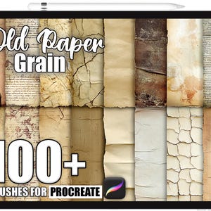 May include: A digital art product displayed on a tablet. The image features a variety of aged paper textures with the text "Old Paper Grain" and "100+ Brushes for Procreate". The Procreate app logo is visible.