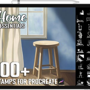 May include: A digital illustration of a room with a white curtain, a wooden stool, and a window with sunlight streaming in. The image includes the text "Home Essentials 100+ Stamps for Procreate".
